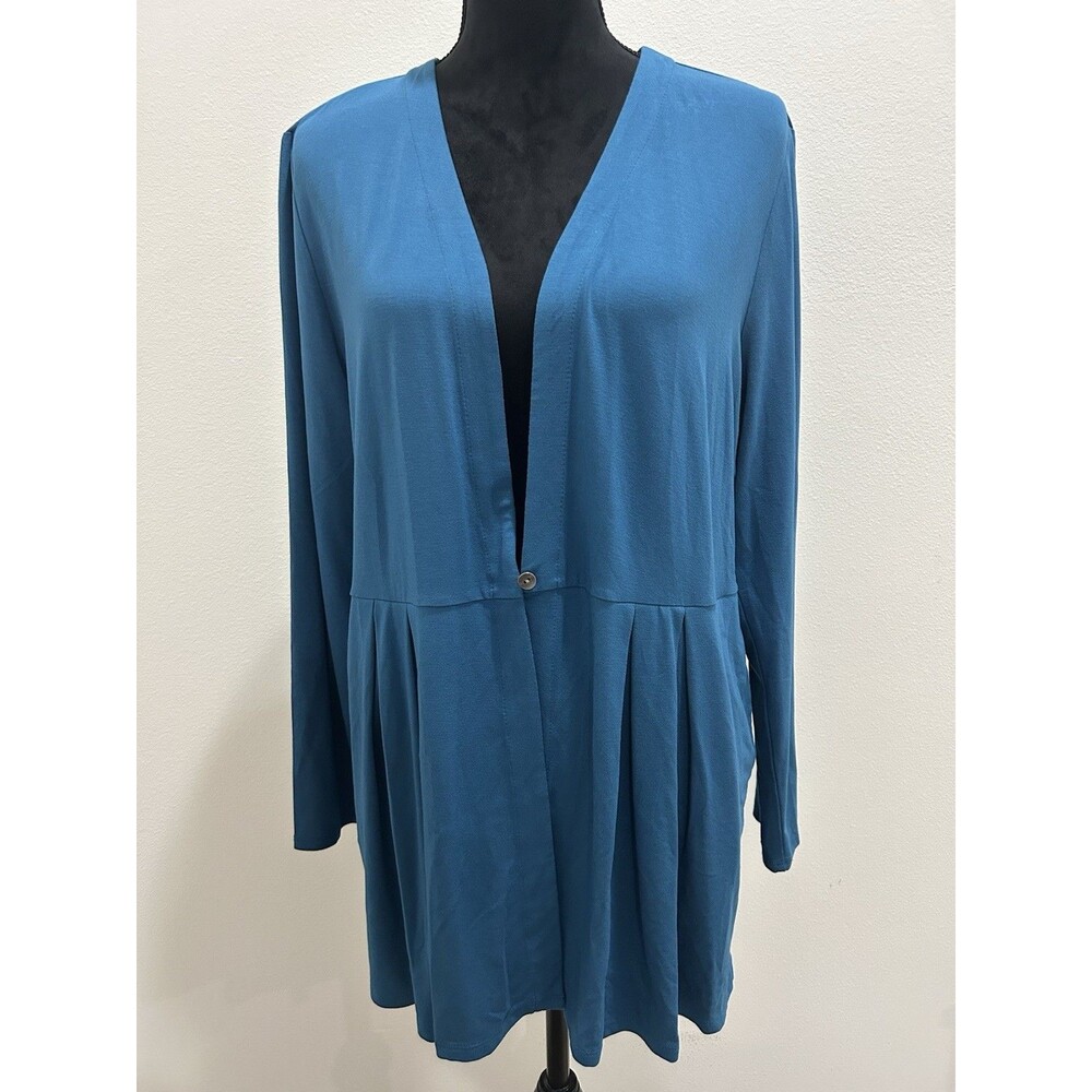 J.Jill Wearever Petite L Teal cardigan V Neck 1 Button Pleated Front Long Sleeve